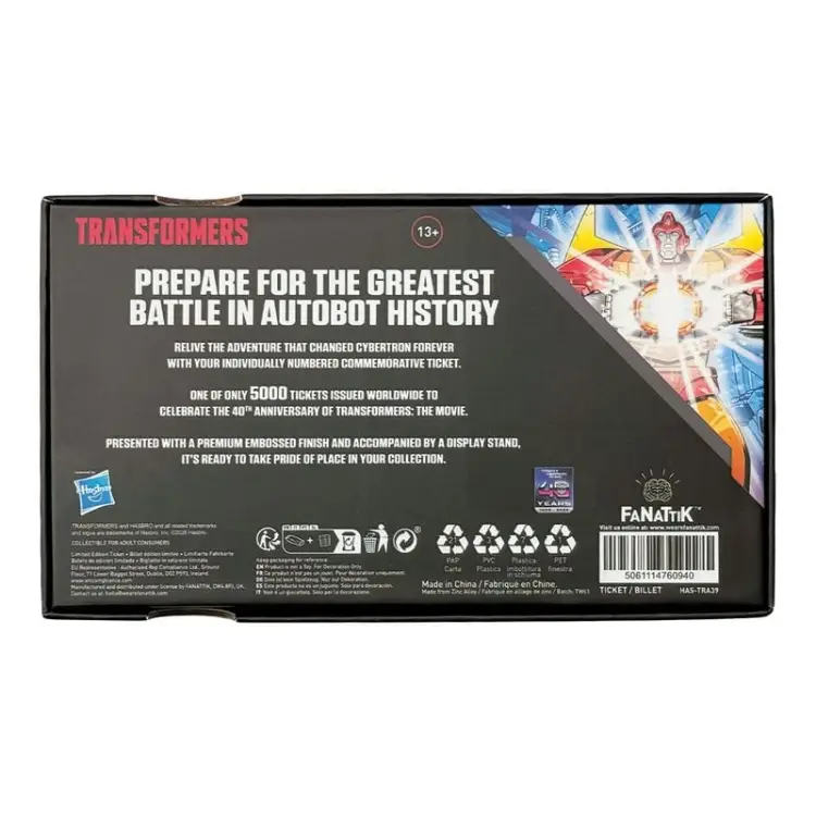 Fanattik Transformers - 40th Anniversary - Metal Replica Movie Ticket