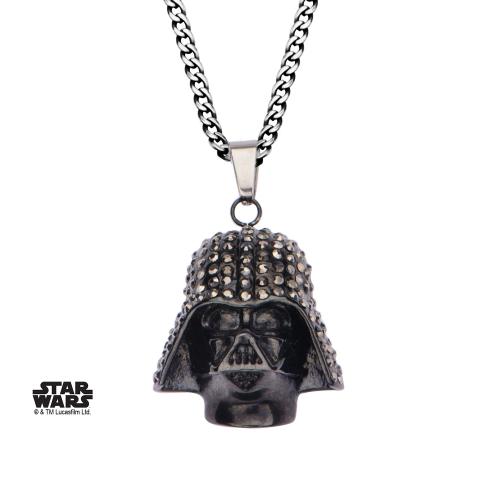 STAR WARS - Czarny, platerowany PVD łańcuszek z wisiorkiem Darth Vader z przezroczystym klejnotem