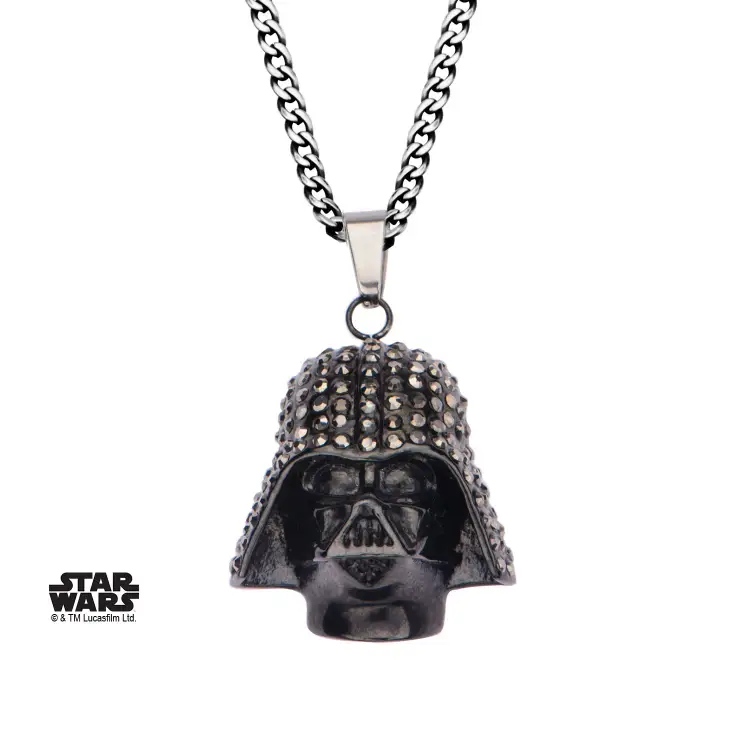 STAR WARS - Czarny, platerowany PVD łańcuszek z wisiorkiem Darth Vader z przezroczystym klejnotem