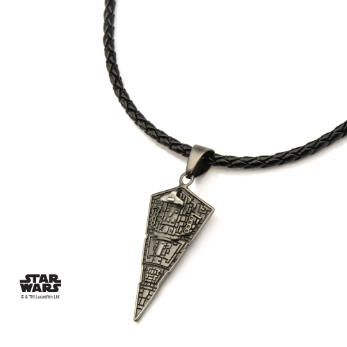 STAR WARS - Męski wisiorek ze stali szlachetnej Gwiezdny Niszczyciel, czarna skóra