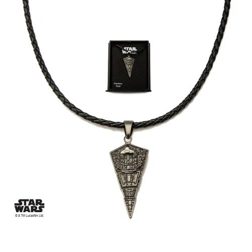 STAR WARS - Męski wisiorek ze stali szlachetnej Gwiezdny Niszczyciel, czarna skóra