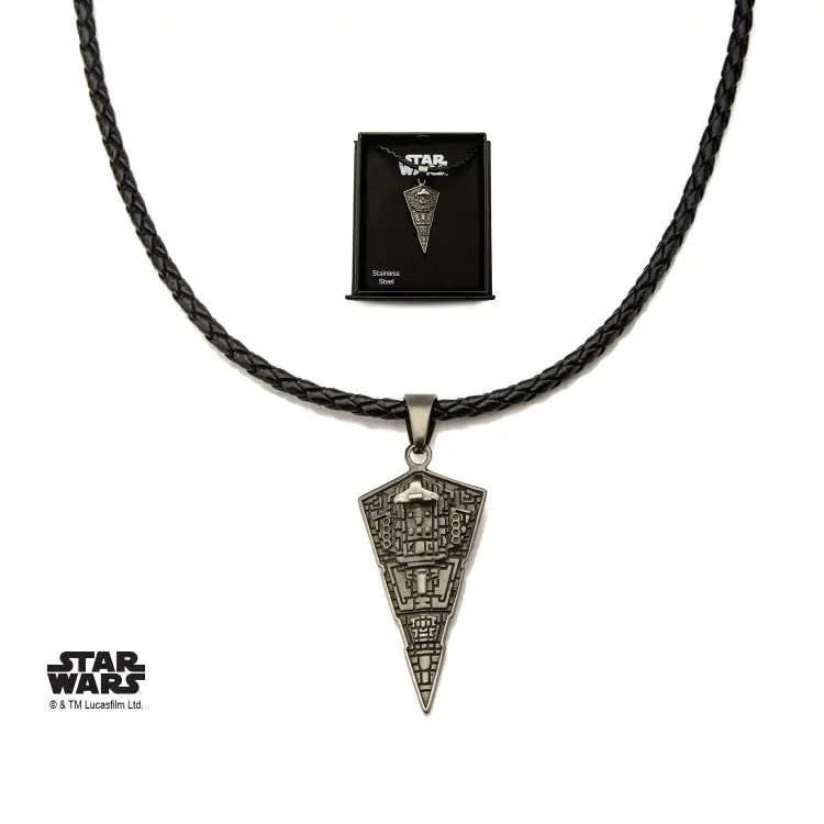 STAR WARS - Męski wisiorek ze stali szlachetnej Gwiezdny Niszczyciel, czarna skóra