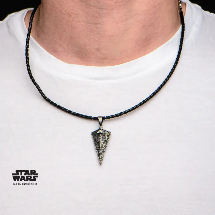 STAR WARS - Męski wisiorek ze stali szlachetnej Gwiezdny Niszczyciel, czarna skóra