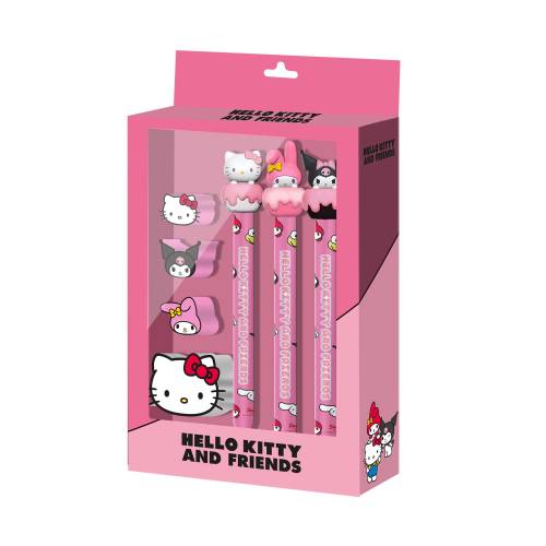 HELLO KITTY & Przyjaciele - Tort - Zestaw 3 ołówków + 4 gumki do mazania