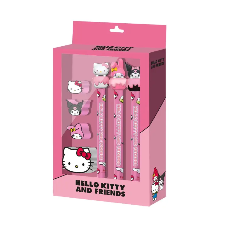 HELLO KITTY & Przyjaciele - Tort - Zestaw 3 ołówków + 4 gumki do mazania